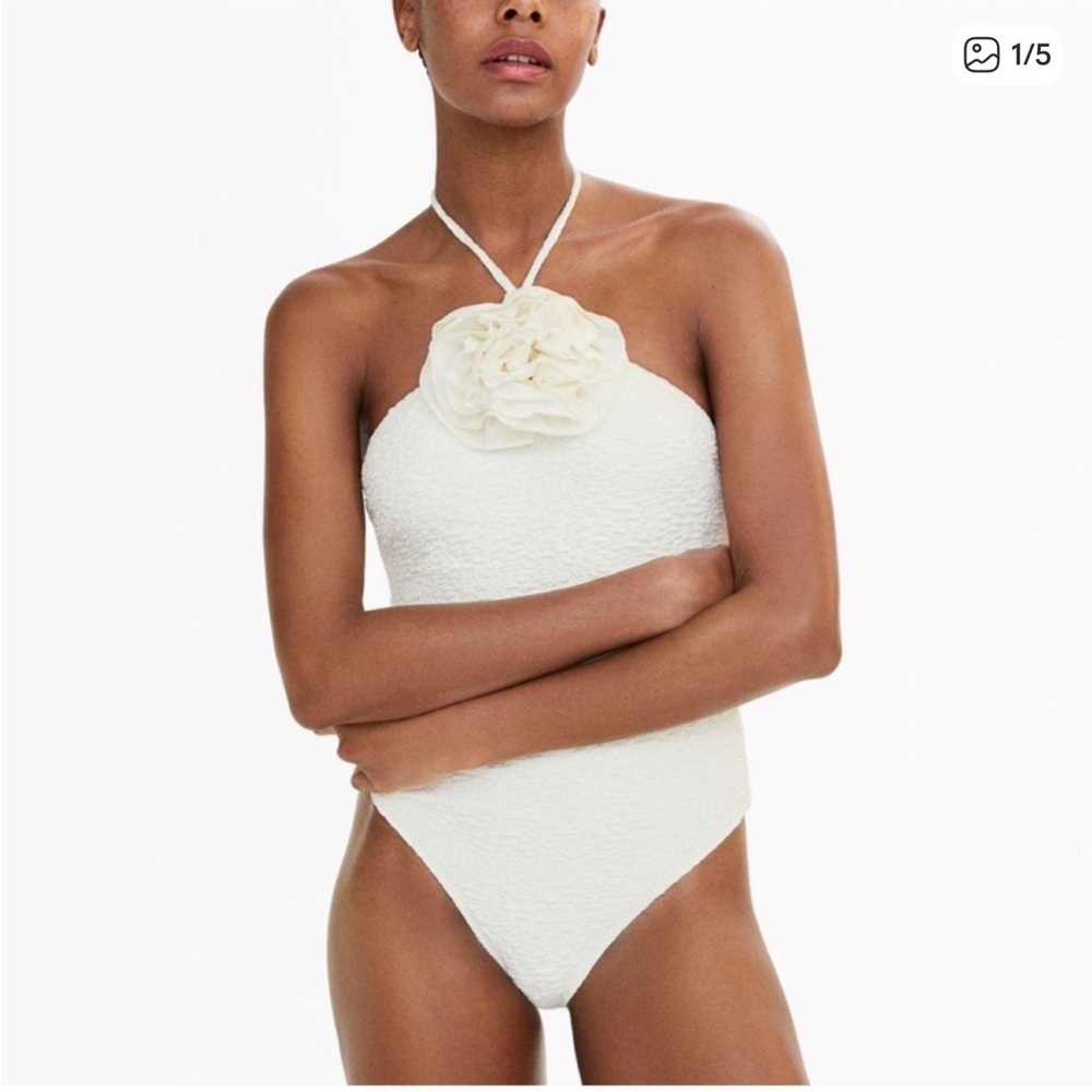 Mango Women's Textured One Piece Swimsuit with rosettes